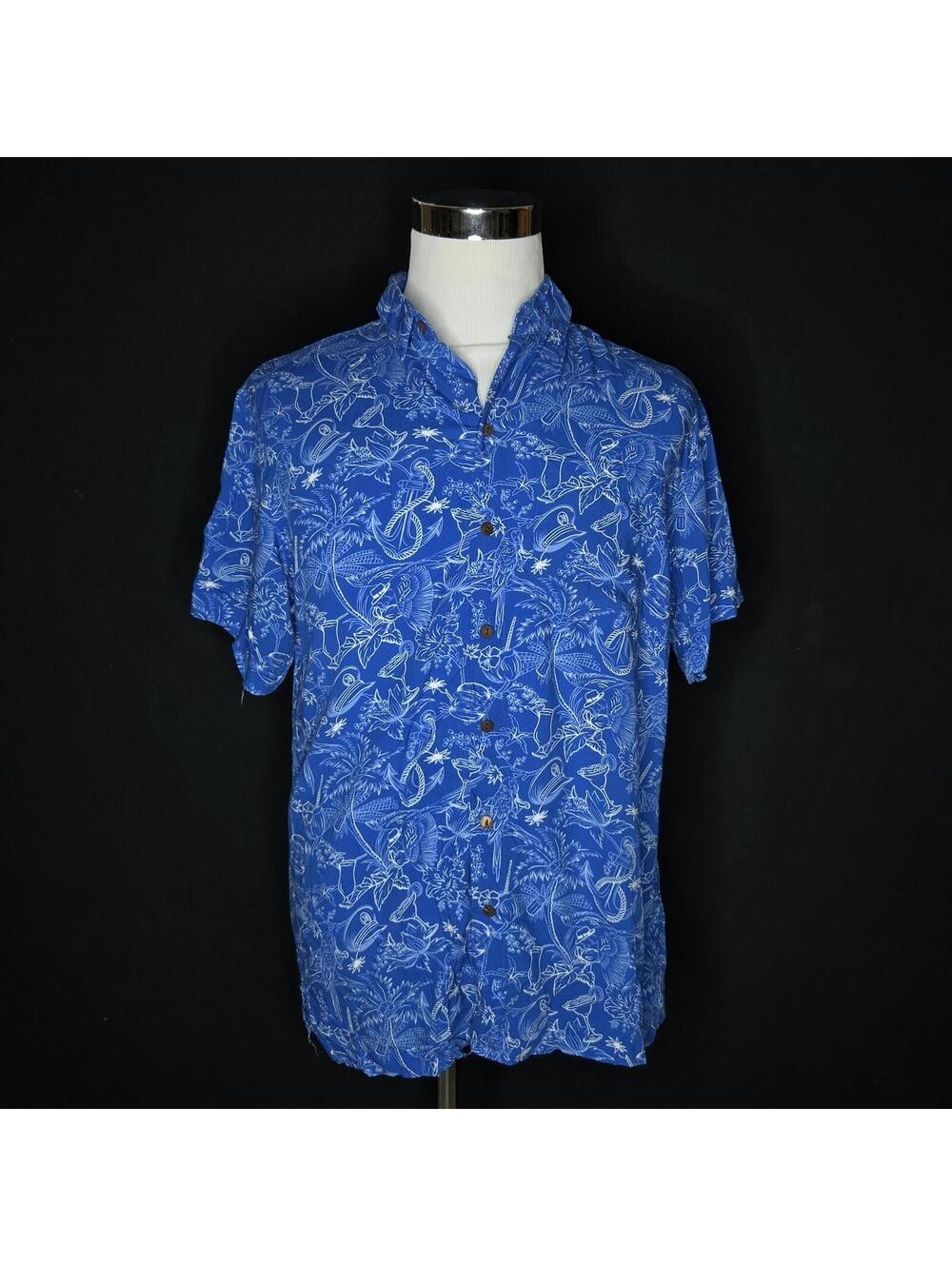 Men's Margaritaville Kenny Flowers Blue Tropical Print Button-Up Shirt Sz L